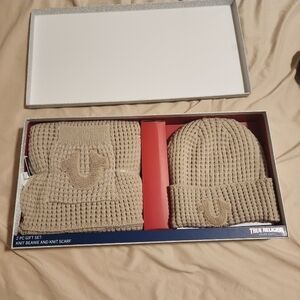 True Religion Beige Knit Beanie and Scarf Set